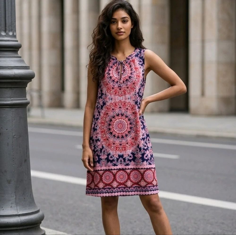 London Times Floral Geo Print Dress Short Knee Length Sleeveless Casual Sundress
